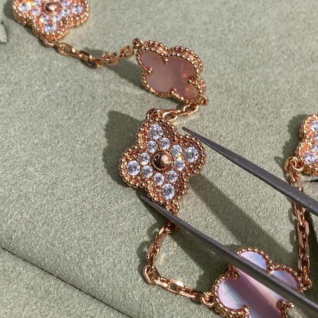 [Lumi Jewels]CLOVER 10 MOTIFS DIAMOND PINK MOP NECKLACE