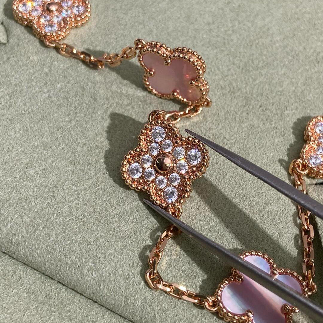 [Lumi Jewels]CLOVER 10 MOTIFS DIAMOND PINK MOP NECKLACE