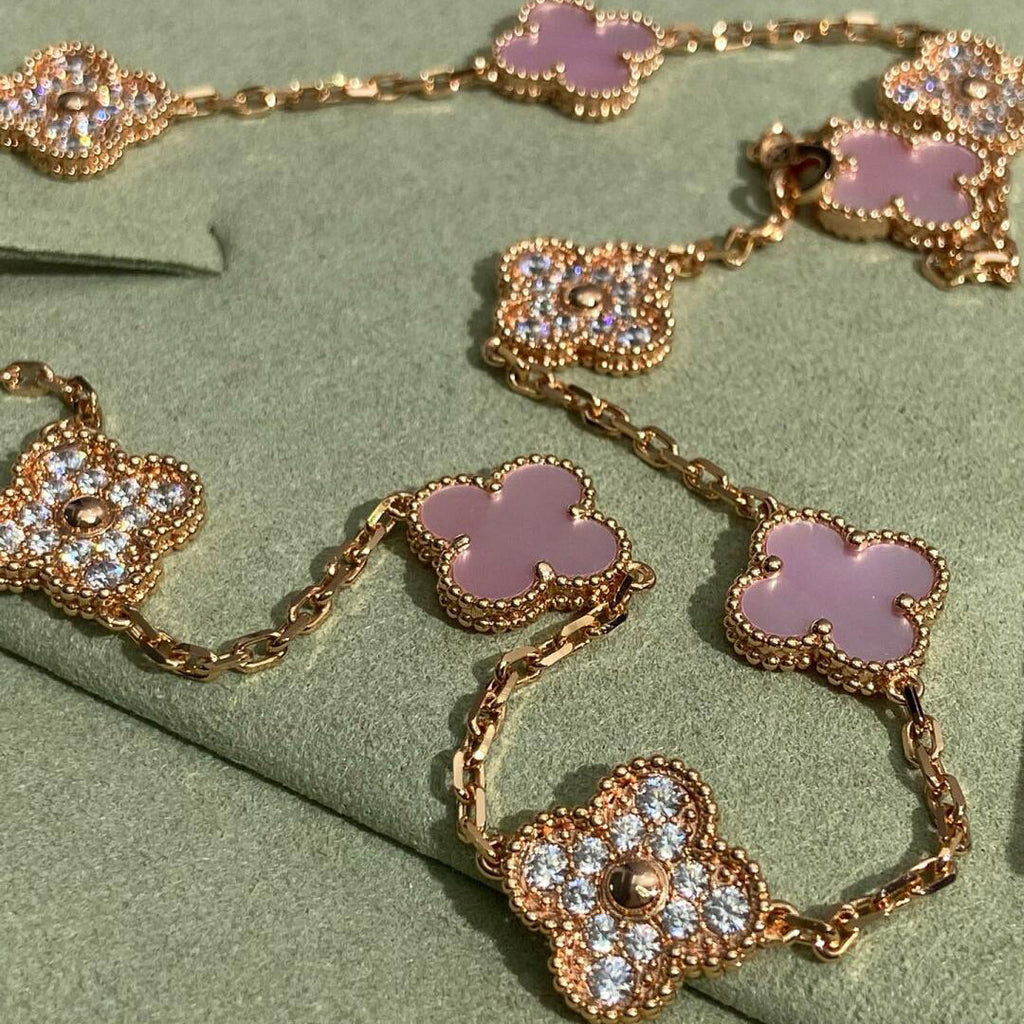 [Lumi Jewels]CLOVER 10 MOTIFS DIAMOND PINK MOP NECKLACE