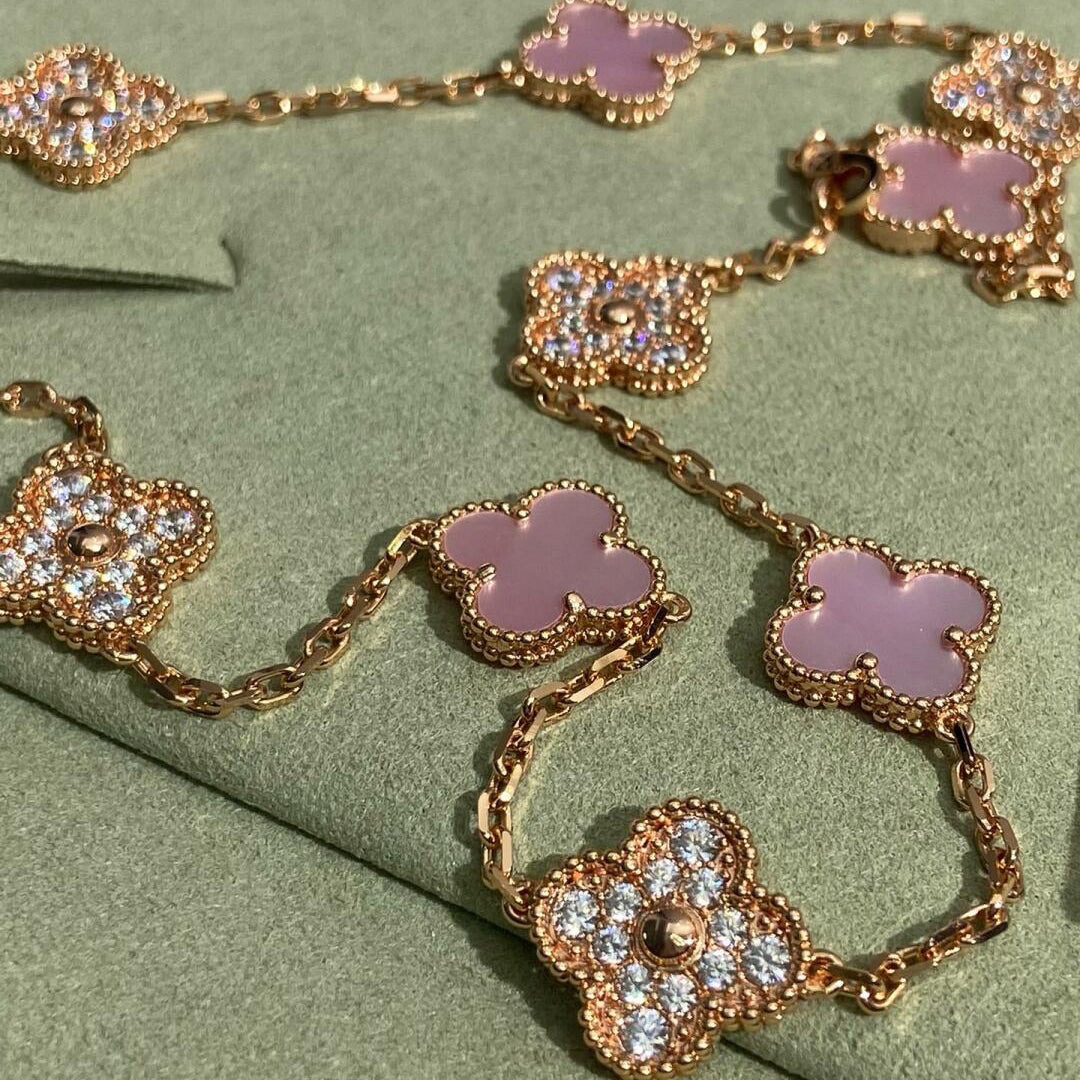[Lumi Jewels]CLOVER 10 MOTIFS DIAMOND PINK MOP NECKLACE