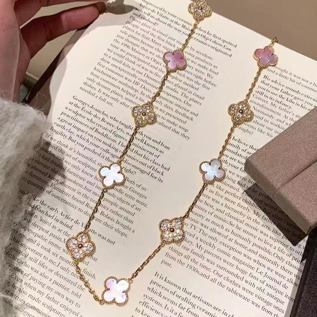 [Lumi Jewels]CLOVER 10 MOTIFS DIAMOND PINK MOP NECKLACE