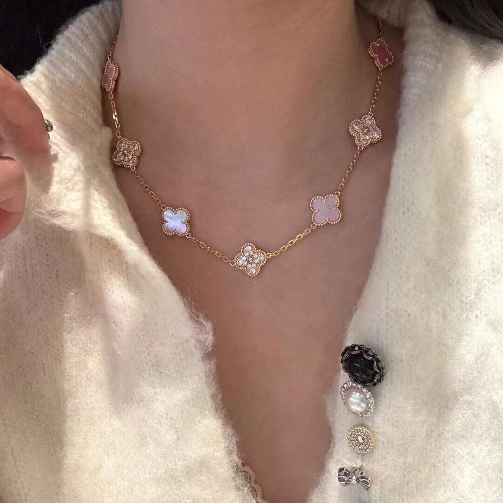 [Lumi Jewels]CLOVER 10 MOTIFS DIAMOND PINK MOP NECKLACE