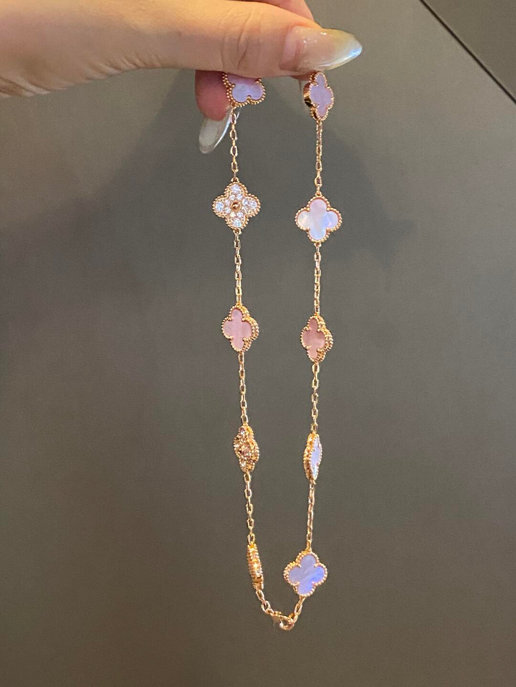 [Lumi Jewels]CLOVER 10 MOTIFS DIAMOND PINK MOP NECKLACE