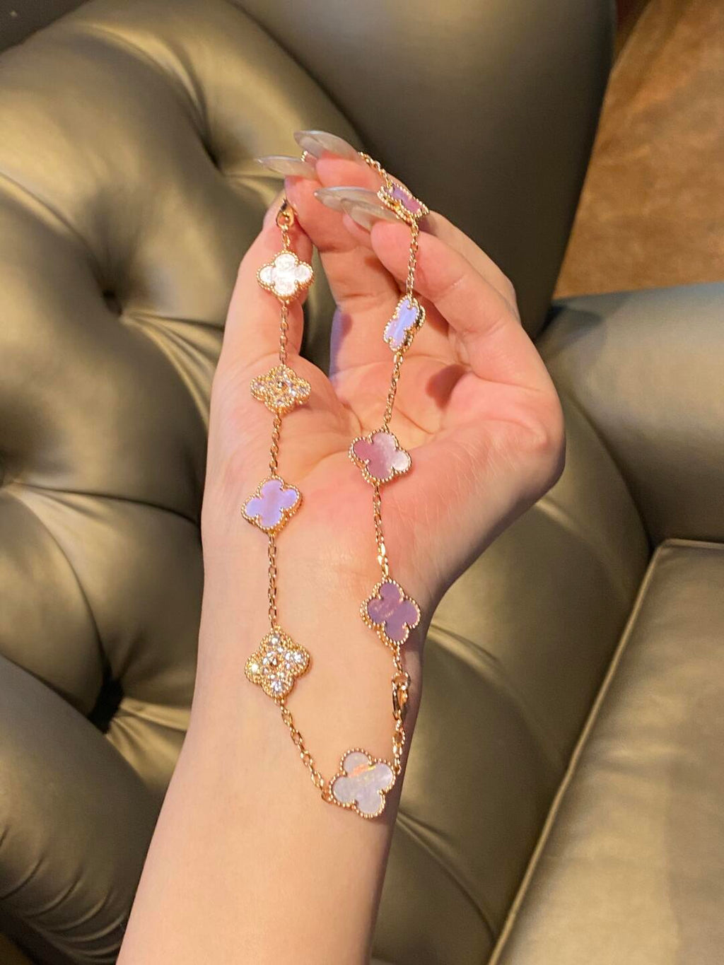 [Lumi Jewels]CLOVER 10 MOTIFS DIAMOND PINK MOP NECKLACE