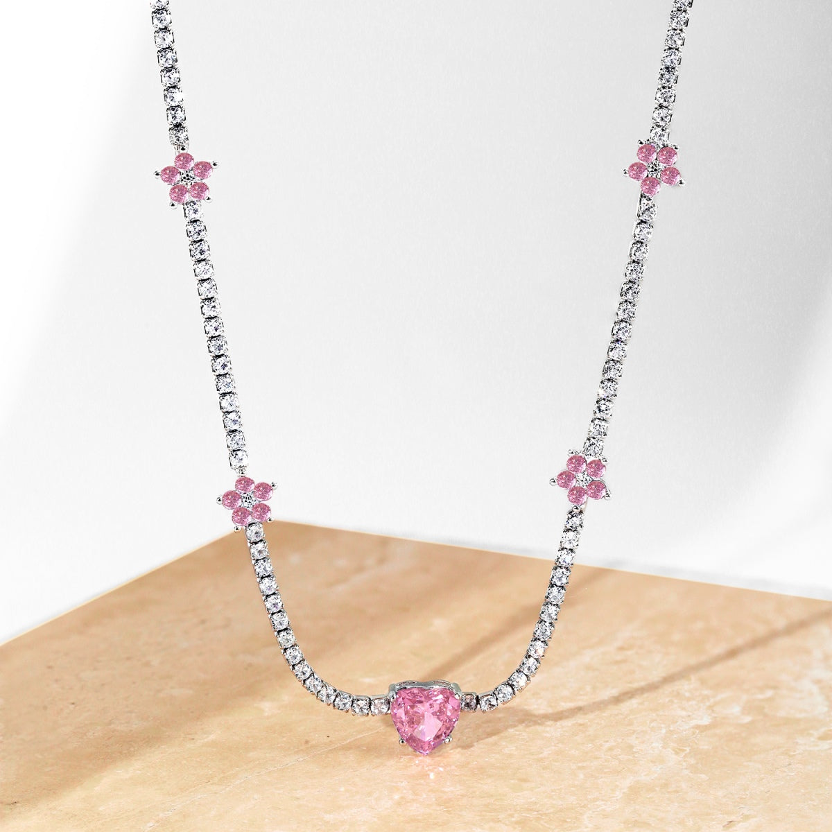 [Lumi Jewels]Dazzling Pink Heart Flower Necklace