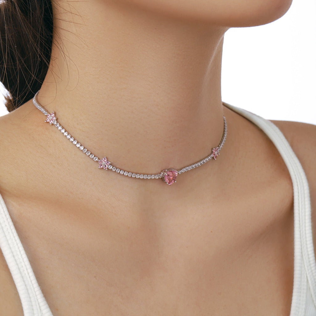 [Lumi Jewels]Dazzling Pink Heart Flower Necklace