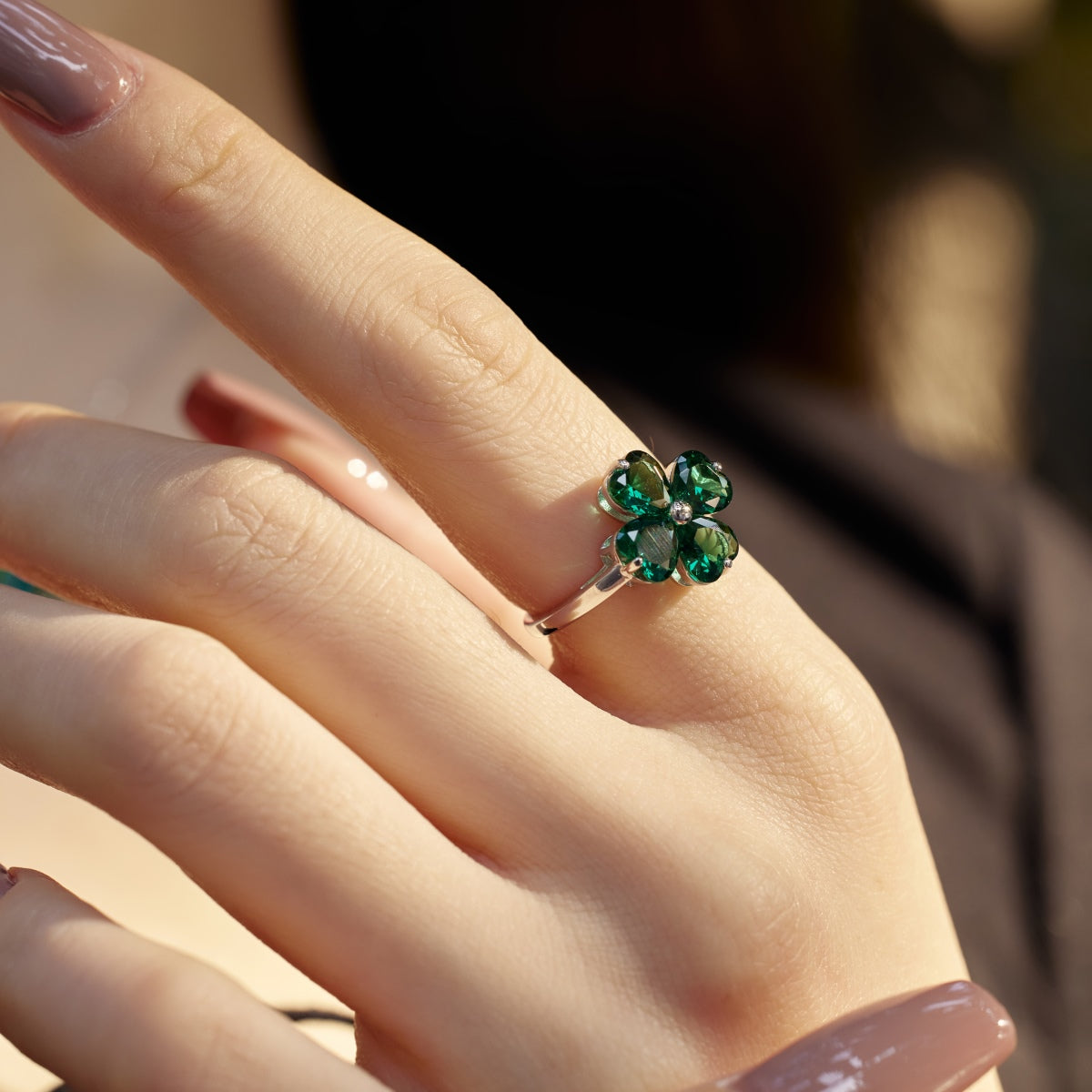 [Lumi Jewels]Heart-shaped Four-Leaf Clover Ball Ring