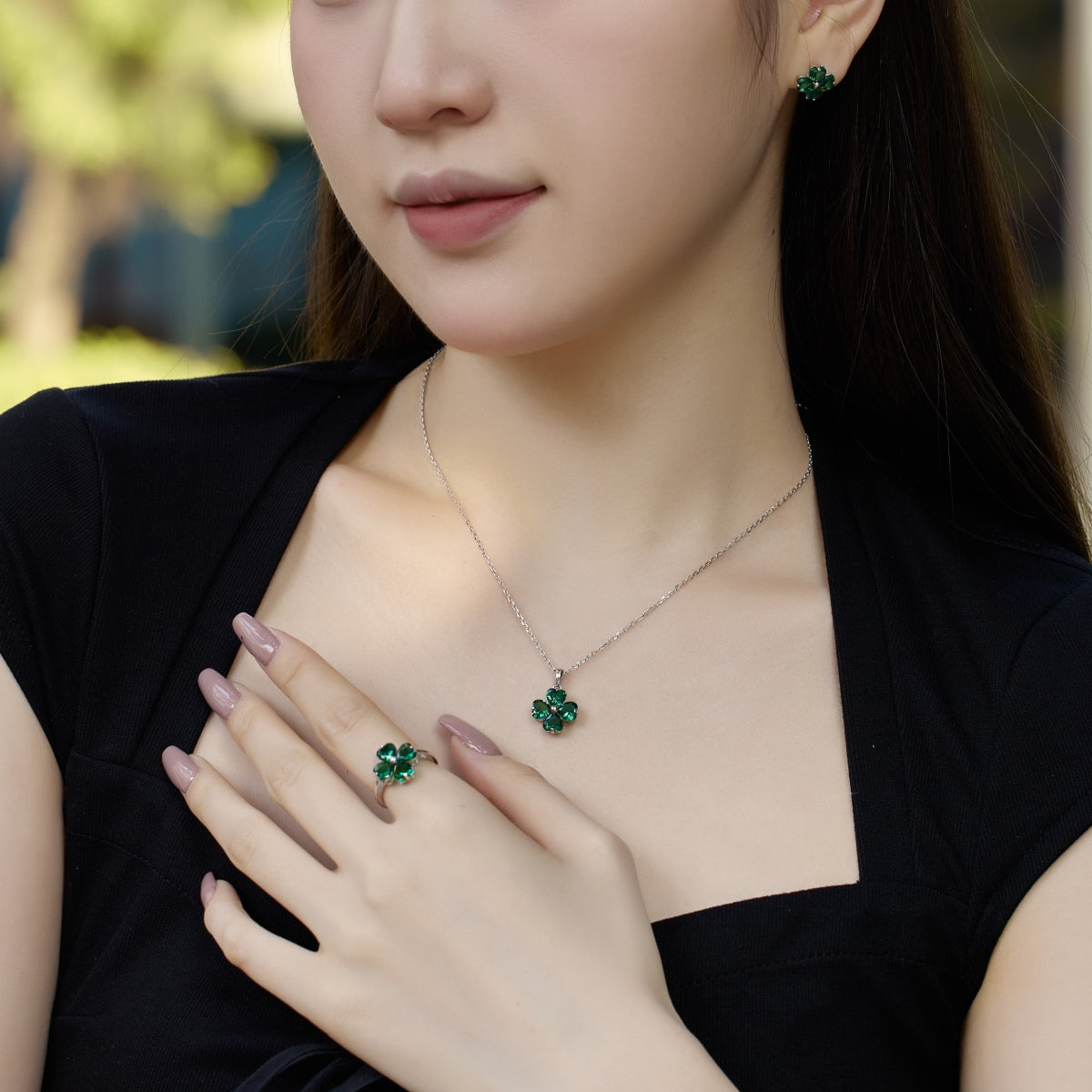 [Lumi Jewels]Heart-shaped Four-Leaf Clover Ball Ring