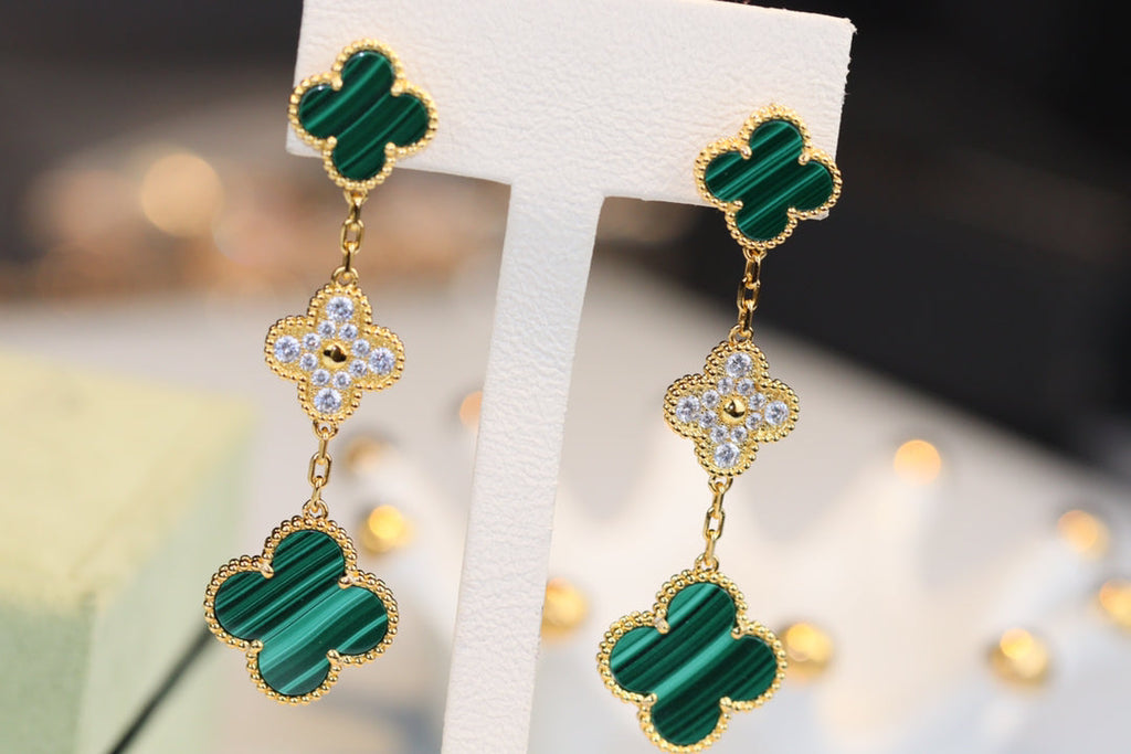 [Lumi Jewels]CLOVER EARRINGS GOLD MALACHITE DIAMOND 3 MOTIF