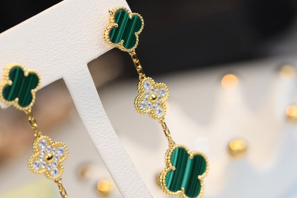 [Lumi Jewels]CLOVER EARRINGS GOLD MALACHITE DIAMOND 3 MOTIF