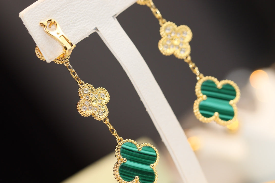 [Lumi Jewels]CLOVER EARRINGS GOLD MALACHITE DIAMOND 3 MOTIF