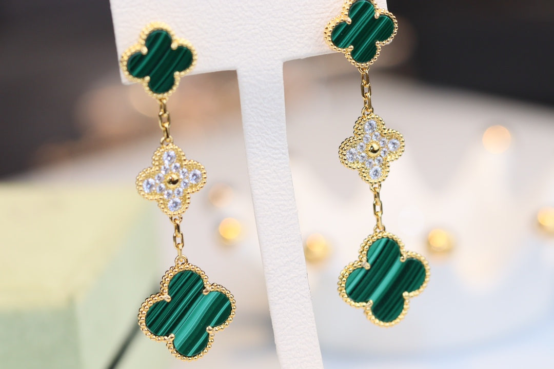 [Lumi Jewels]CLOVER EARRINGS GOLD MALACHITE DIAMOND 3 MOTIF