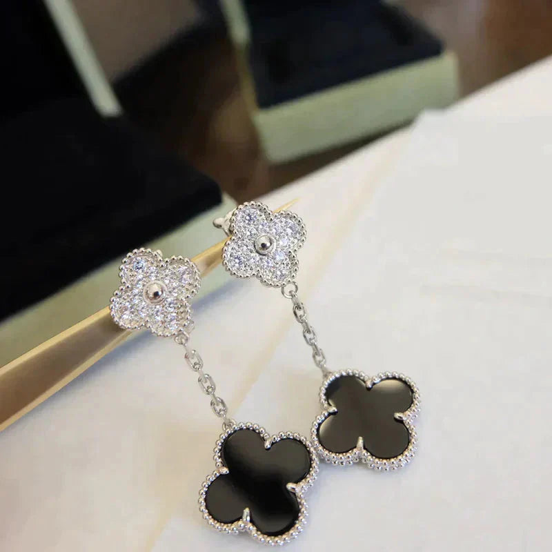 [Lumi Jewels]CLOVER 2 MOTIFS  DIAMOND ONYX EARRINGS SILVER