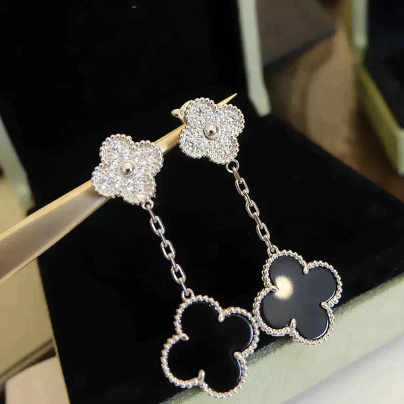 [Lumi Jewels]CLOVER 2 MOTIFS  DIAMOND ONYX EARRINGS SILVER