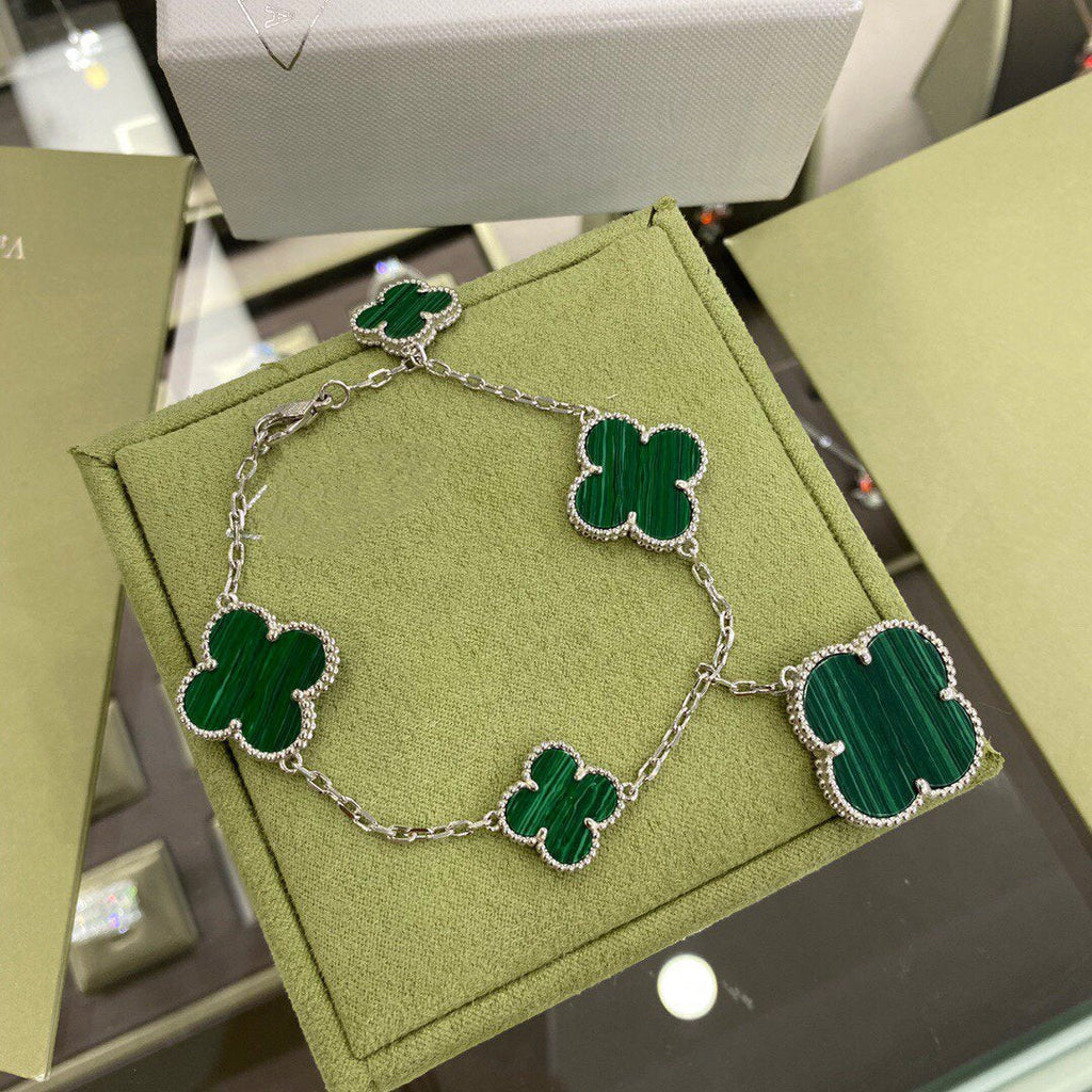 [Lumi Jewels]CLOVER 5 MOTIFS SIVLER MALACHITE BRACELET