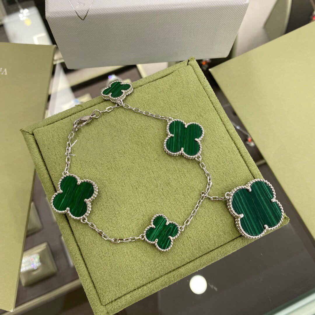 [Lumi Jewels]CLOVER 5 MOTIFS SIVLER MALACHITE BRACELET