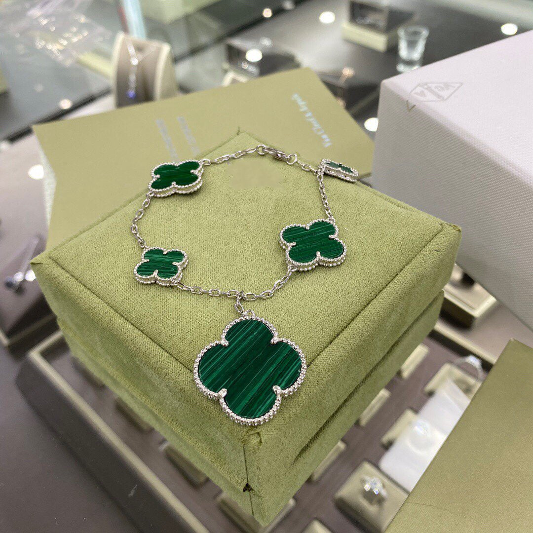 [Lumi Jewels]CLOVER 5 MOTIFS SIVLER MALACHITE BRACELET