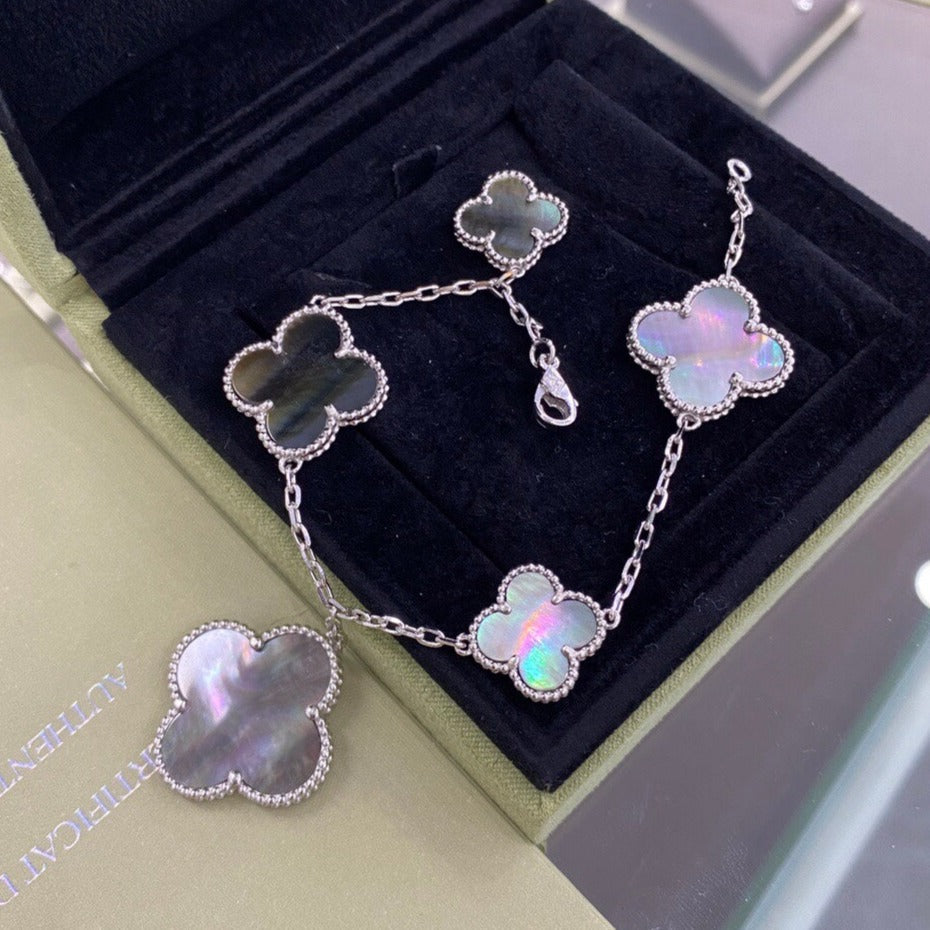 [Lumi Jewels]CLOVER 5 MOTIFS SIVLER DARK MOP BRACELET