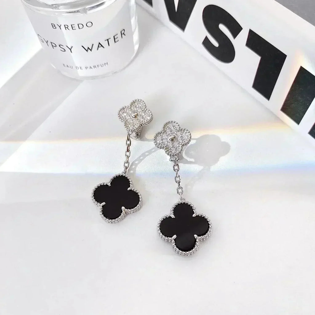 [Lumi Jewels]CLOVER 2 MOTIFS  DIAMOND ONYX EARRINGS SILVER