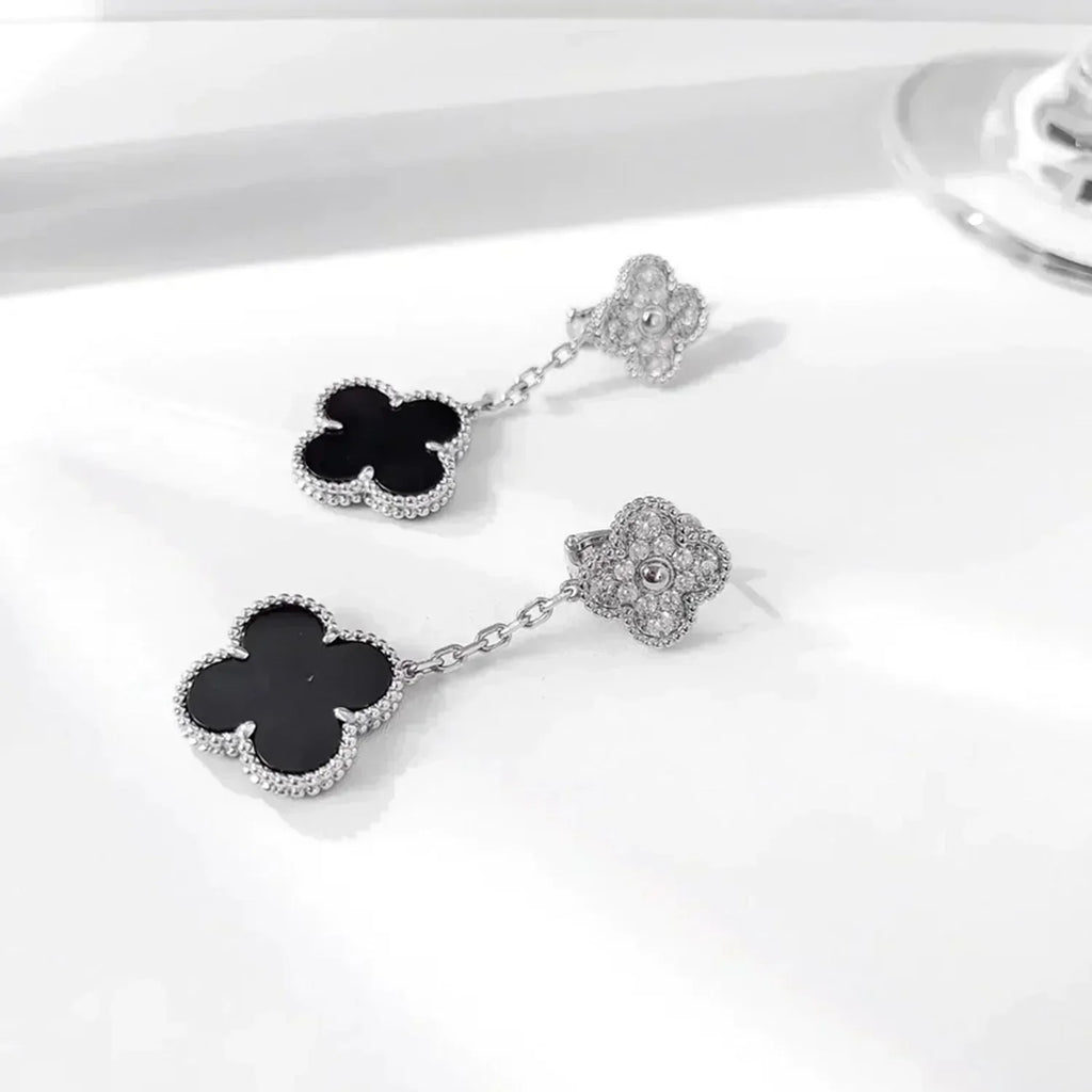 [Lumi Jewels]CLOVER 2 MOTIFS  DIAMOND ONYX EARRINGS SILVER