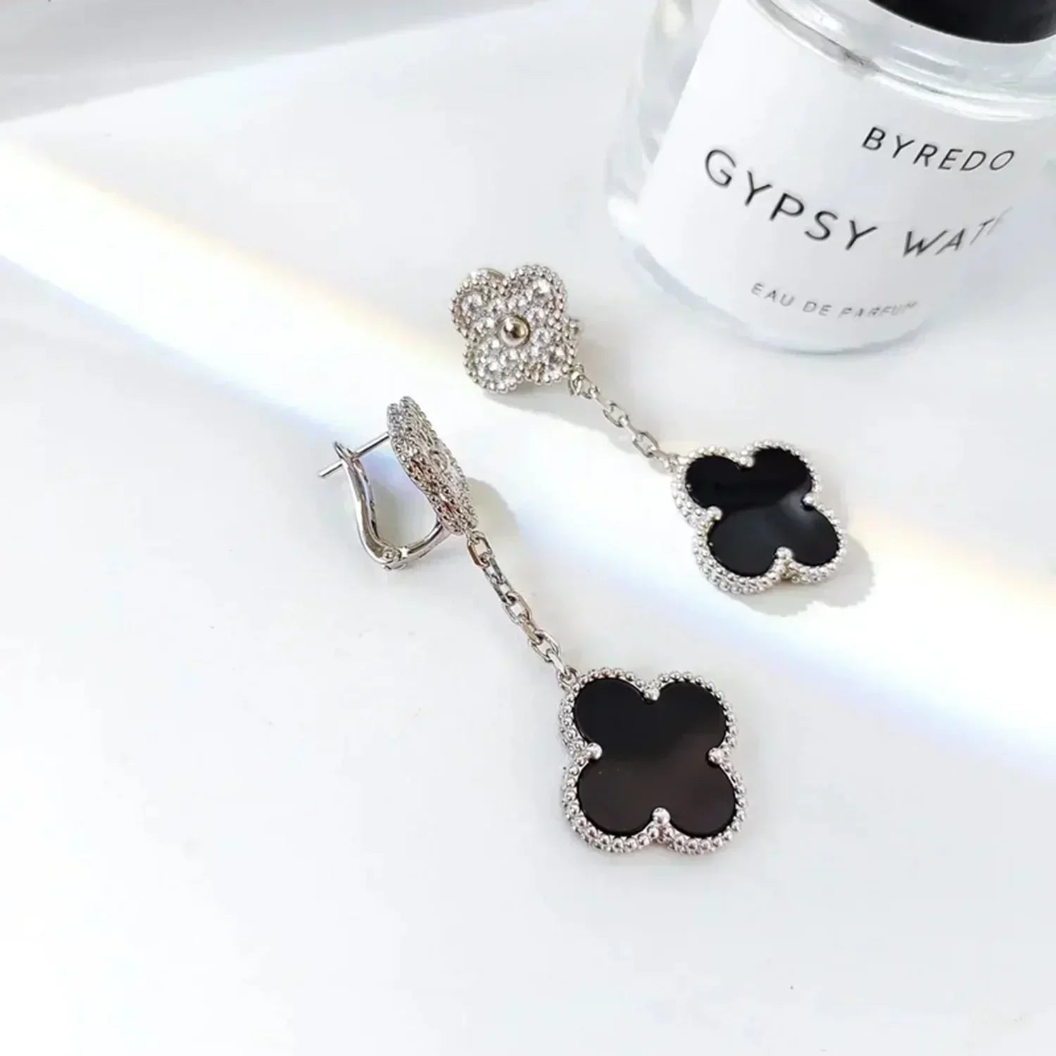 [Lumi Jewels]CLOVER 2 MOTIFS  DIAMOND ONYX EARRINGS SILVER