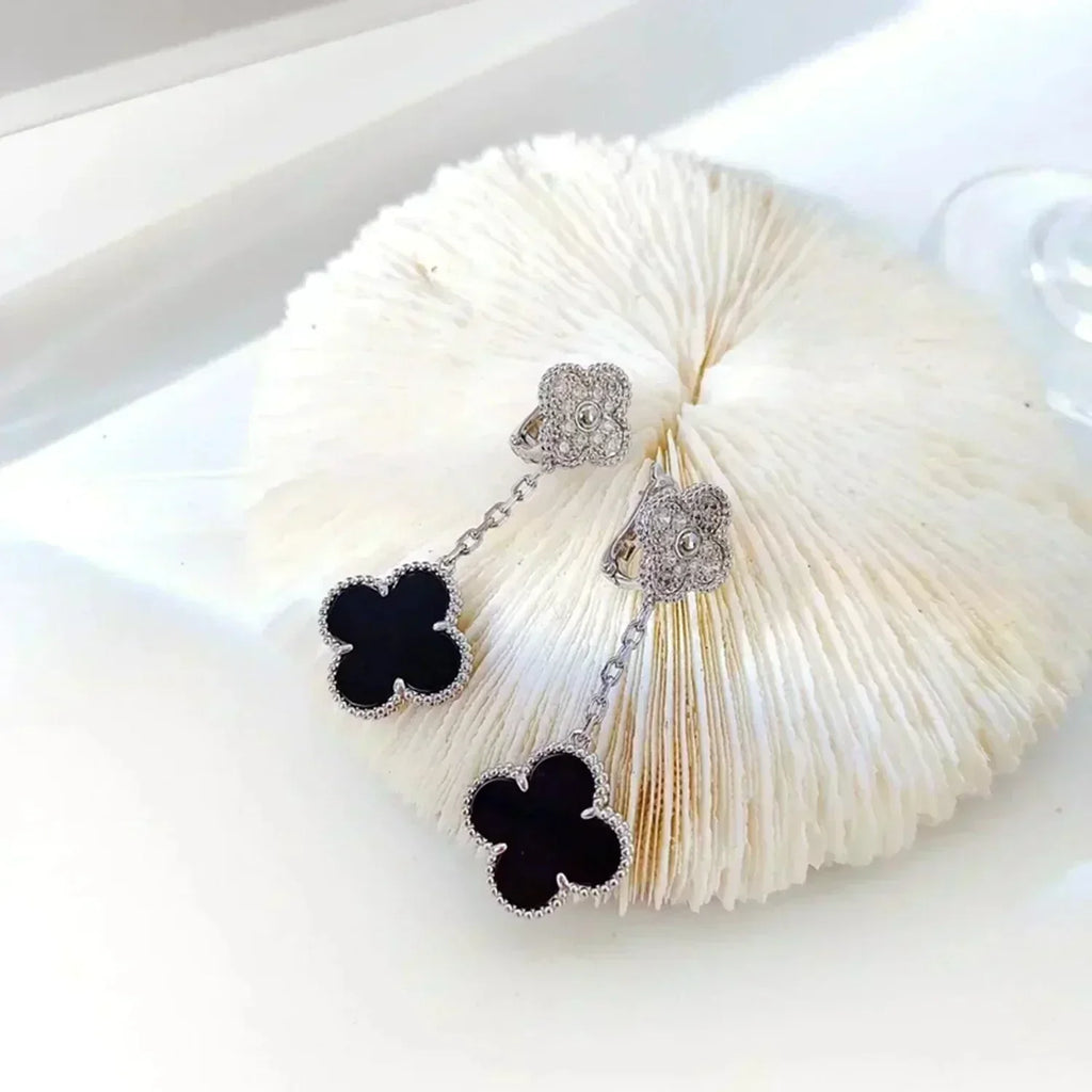 [Lumi Jewels]CLOVER 2 MOTIFS  DIAMOND ONYX EARRINGS SILVER