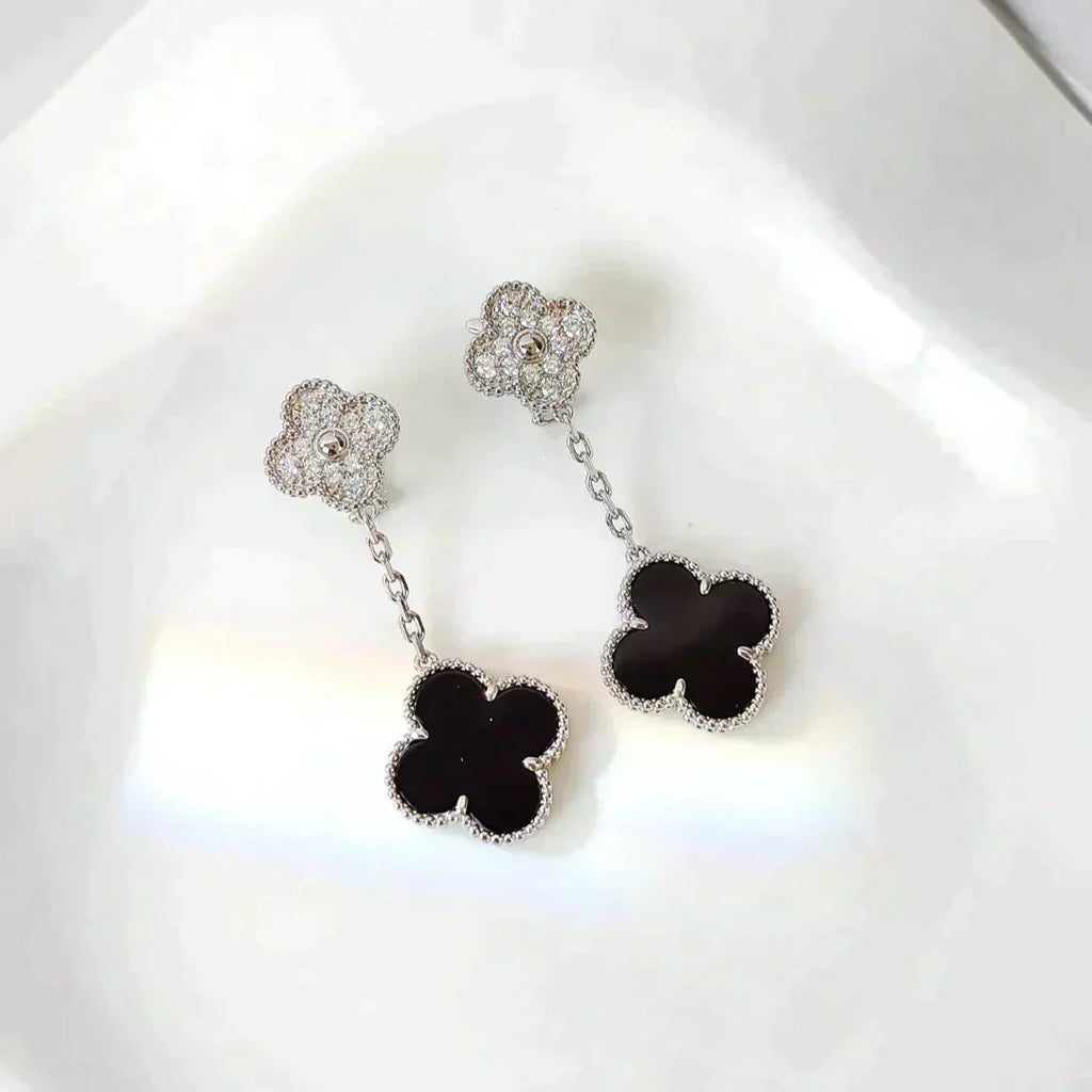 [Lumi Jewels]CLOVER 2 MOTIFS  DIAMOND ONYX EARRINGS SILVER