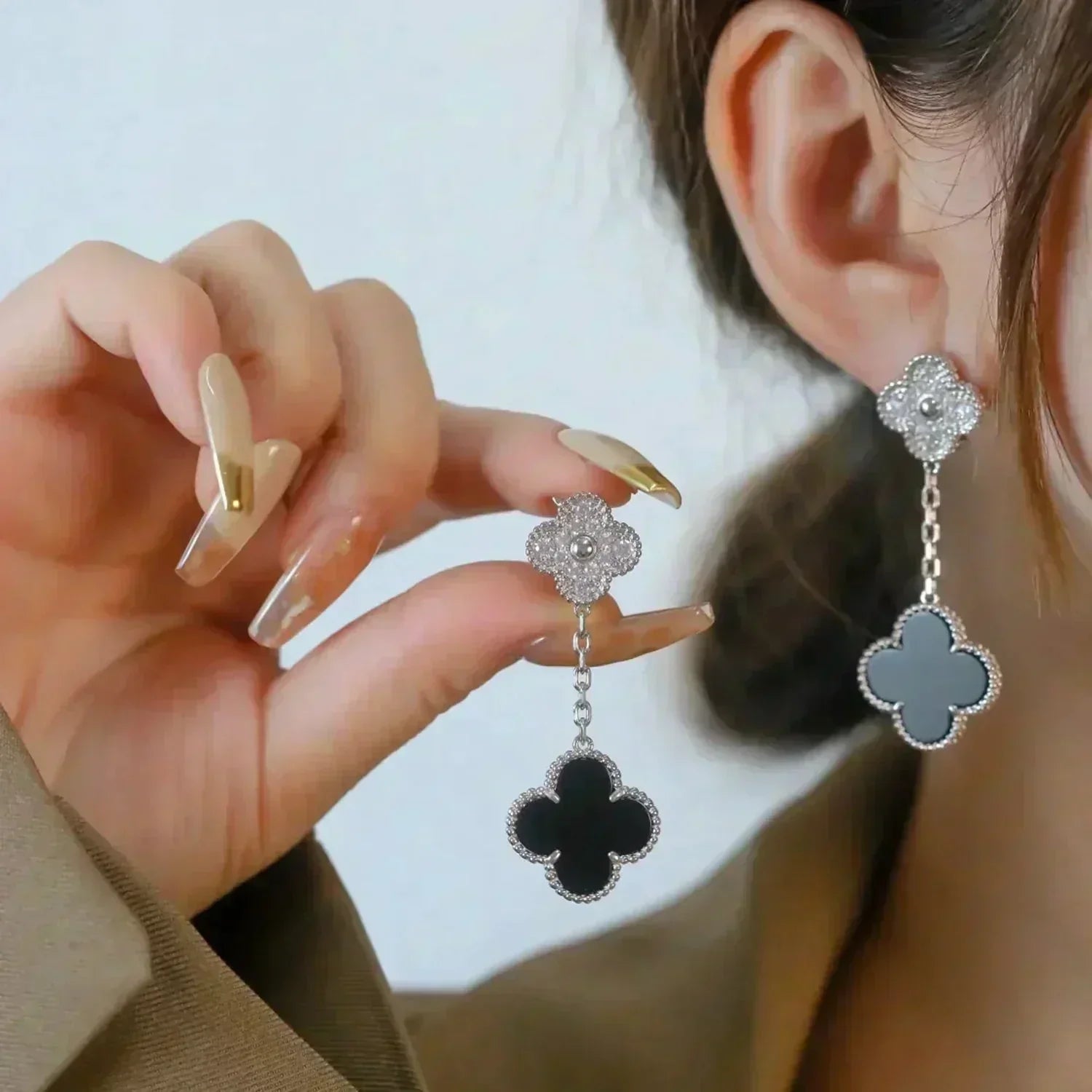 [Lumi Jewels]CLOVER 2 MOTIFS  DIAMOND ONYX EARRINGS SILVER