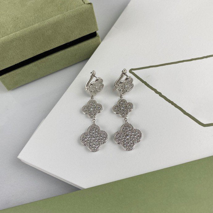 [Lumi Jewels]CLOVER 3 MOTIF DIAMOND SILVER DROP EARRINGS