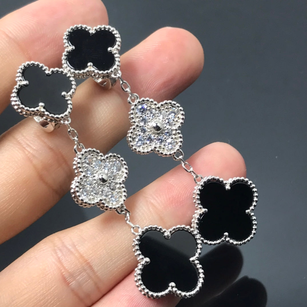[Lumi Jewels]CLOVER 3 MOTIF DIAMOND ONYX SILVER EARRINGS