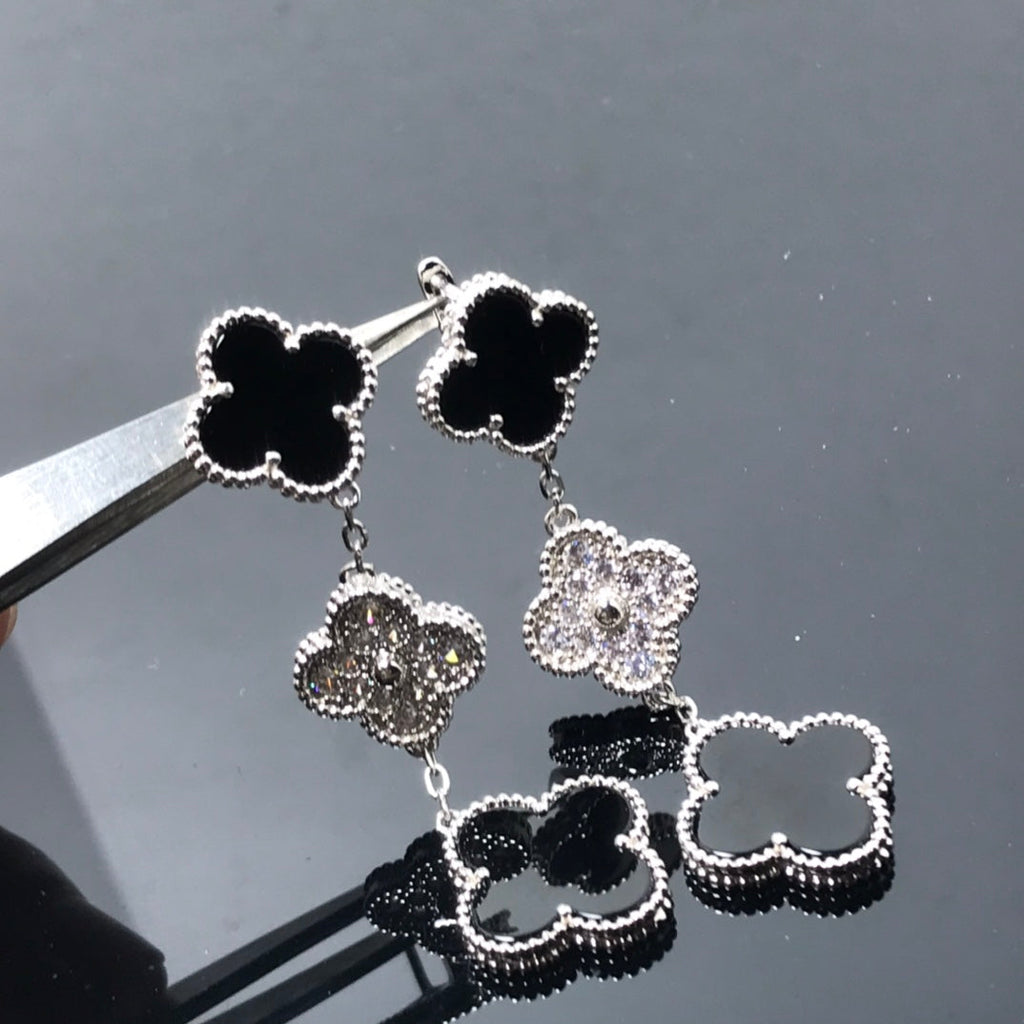 [Lumi Jewels]CLOVER 3 MOTIF DIAMOND ONYX SILVER EARRINGS