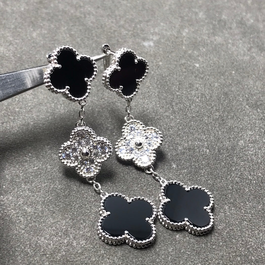 [Lumi Jewels]CLOVER 3 MOTIF DIAMOND ONYX SILVER EARRINGS