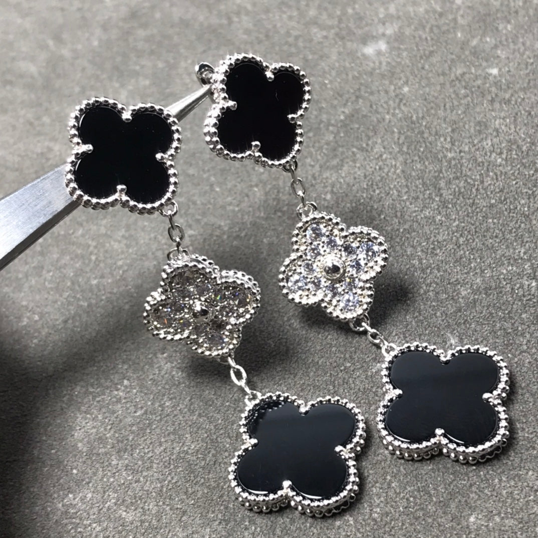 [Lumi Jewels]CLOVER 3 MOTIF DIAMOND ONYX SILVER EARRINGS