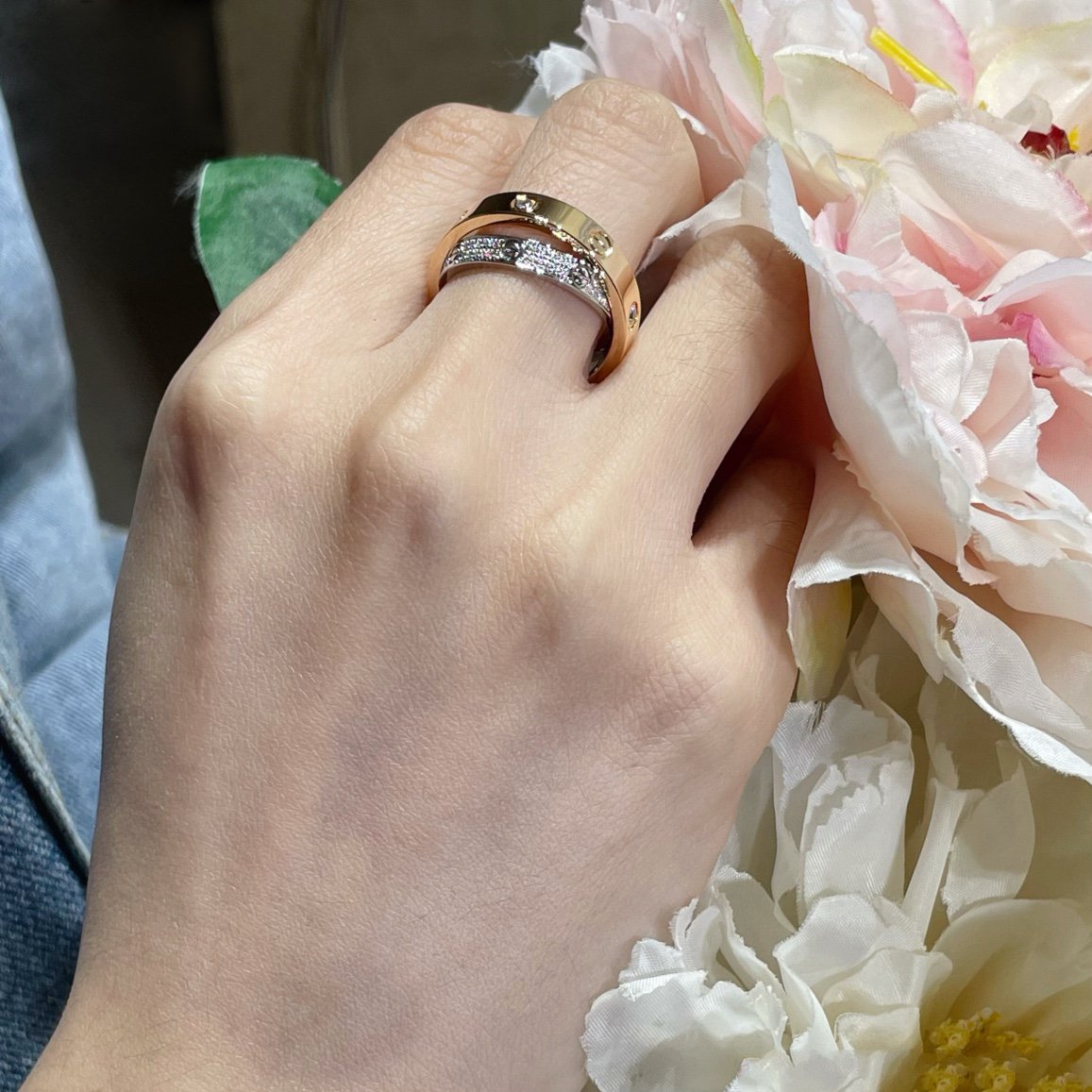 [Lumi Jewels]LOVE PINK GOLD SILVER DIAMOND DOUBLE RING