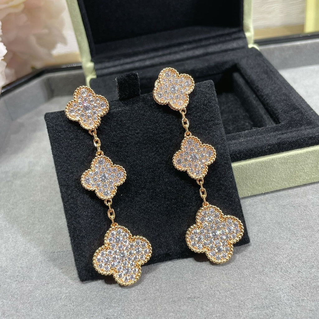 [Lumi Jewels]CLOVER 3 MOTIFS DIAMOND PAVED ROSE GOLD EARRINGS