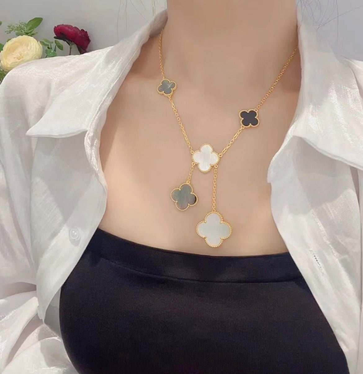 [Lumi Jewels]CLOVER 6 MOTIF MOP ONYX GOLD NECKLACE
