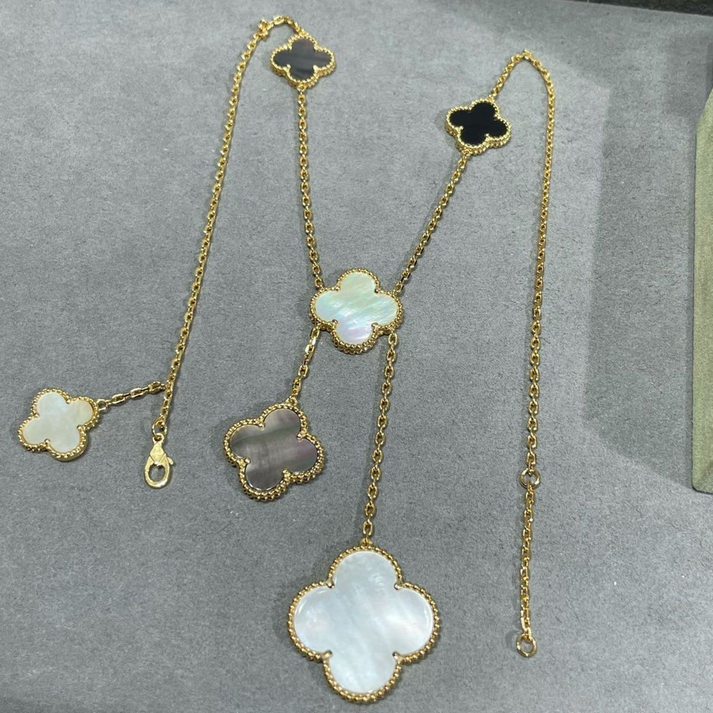 [Lumi Jewels]CLOVER 6 MOTIF MOP ONYX GOLD NECKLACE