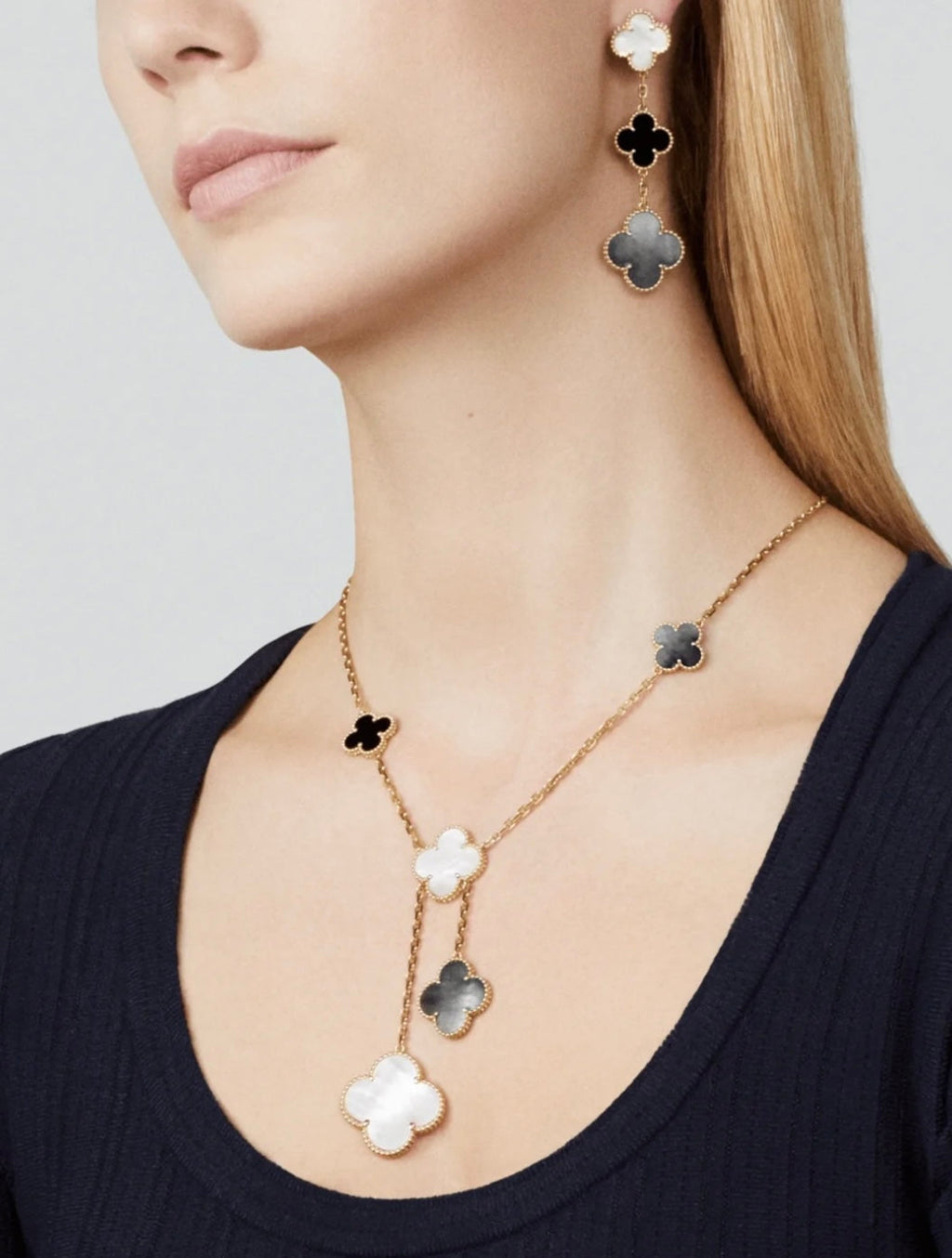 [Lumi Jewels]CLOVER 3 MOTIF MOP ONYX DARK MOP PINK GOLD EARRINGS