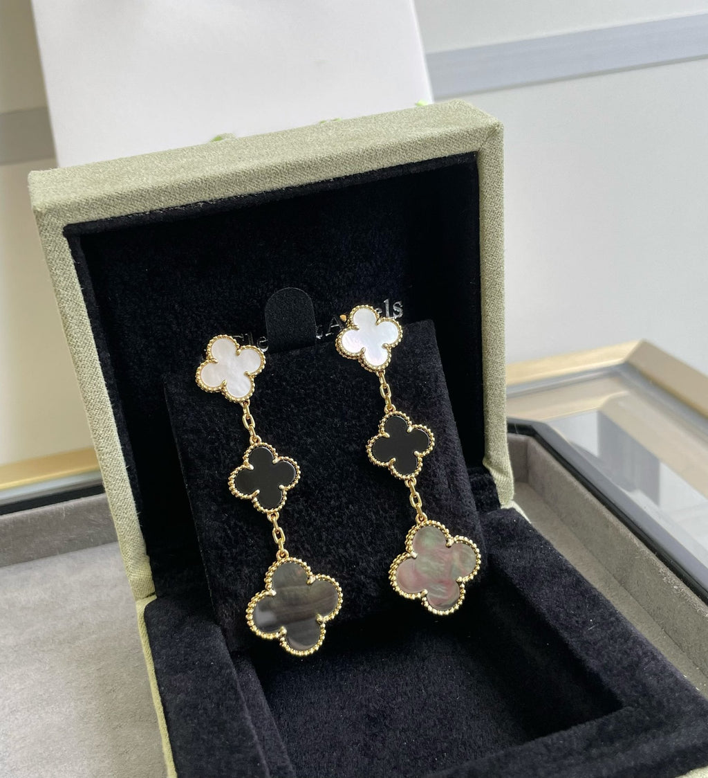 [Lumi Jewels]CLOVER 3 MOTIF MOP ONYX DARK MOP PINK GOLD EARRINGS