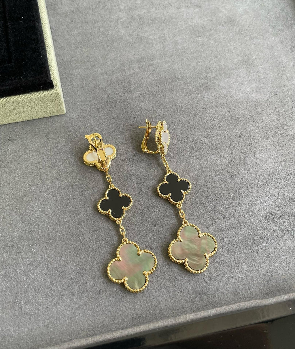 [Lumi Jewels]CLOVER 3 MOTIF MOP ONYX DARK MOP PINK GOLD EARRINGS