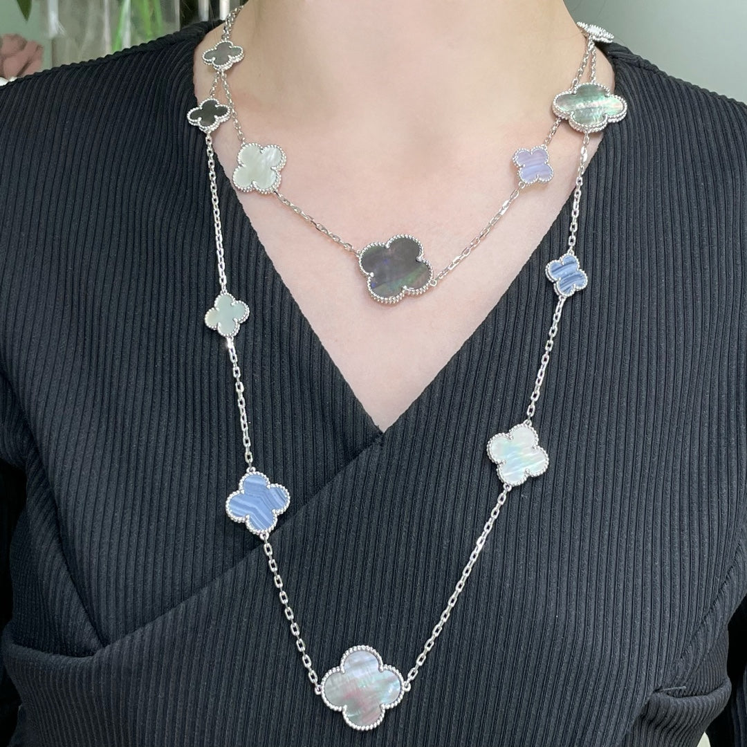 [Lumi Jewels]CLOVER 16 MOTIF CHALCEDONY MOP SILVER NECKLACE