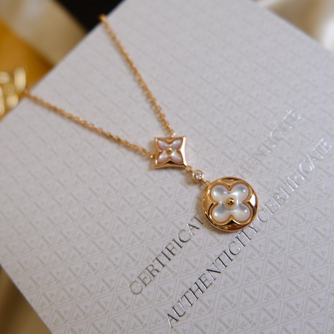 [Lumi Jewels]STAR AND SUN WHITE MOP 2 MOTIF PINK GOLD NECKLACE