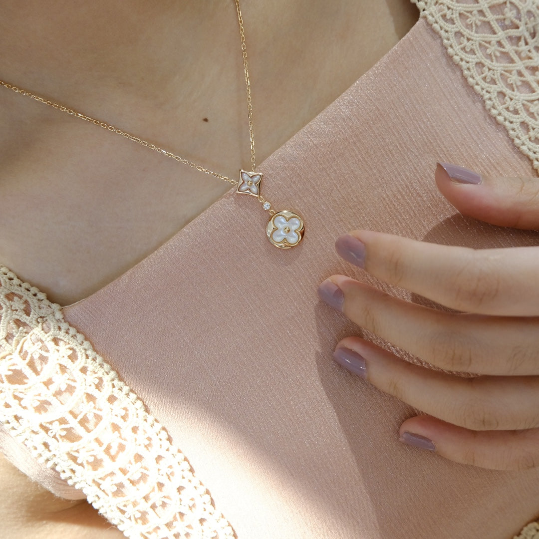 [Lumi Jewels]STAR AND SUN WHITE MOP 2 MOTIF PINK GOLD NECKLACE