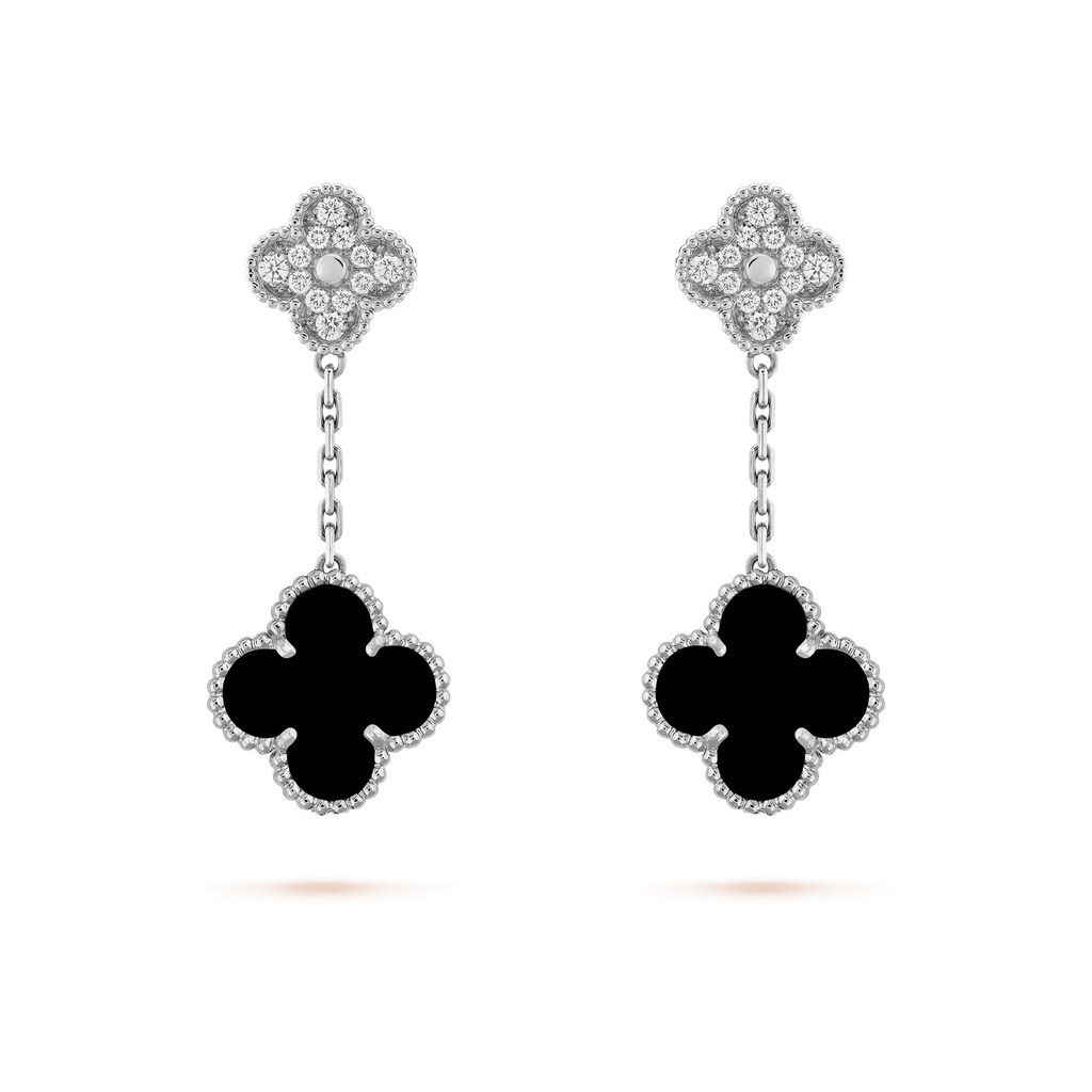 [Lumi Jewels]CLOVER 2 MOTIFS  DIAMOND ONYX EARRINGS SILVER