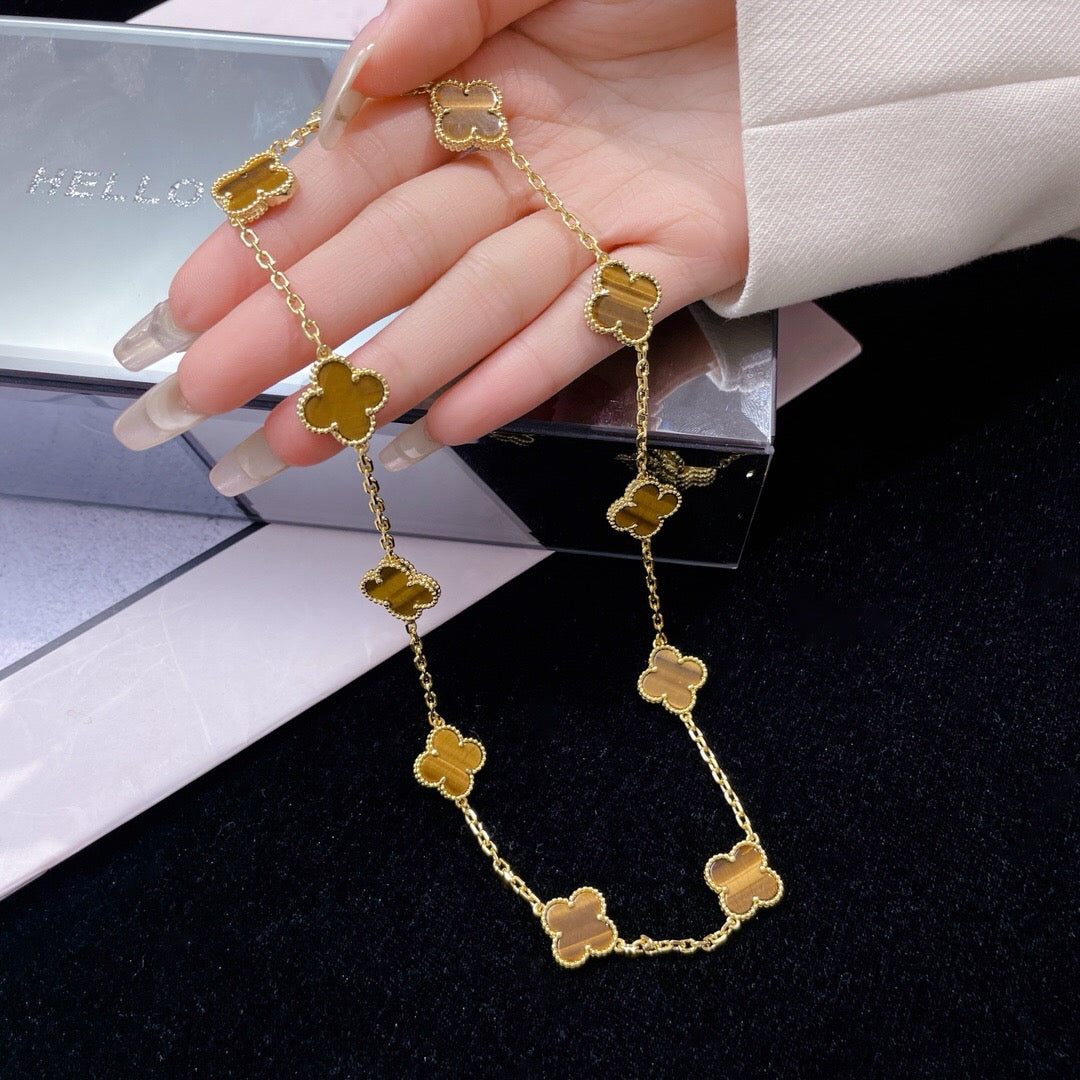 [Lumi Jewels]CLOVER 10 MOTIFS TIGER EYE NECKLACE
