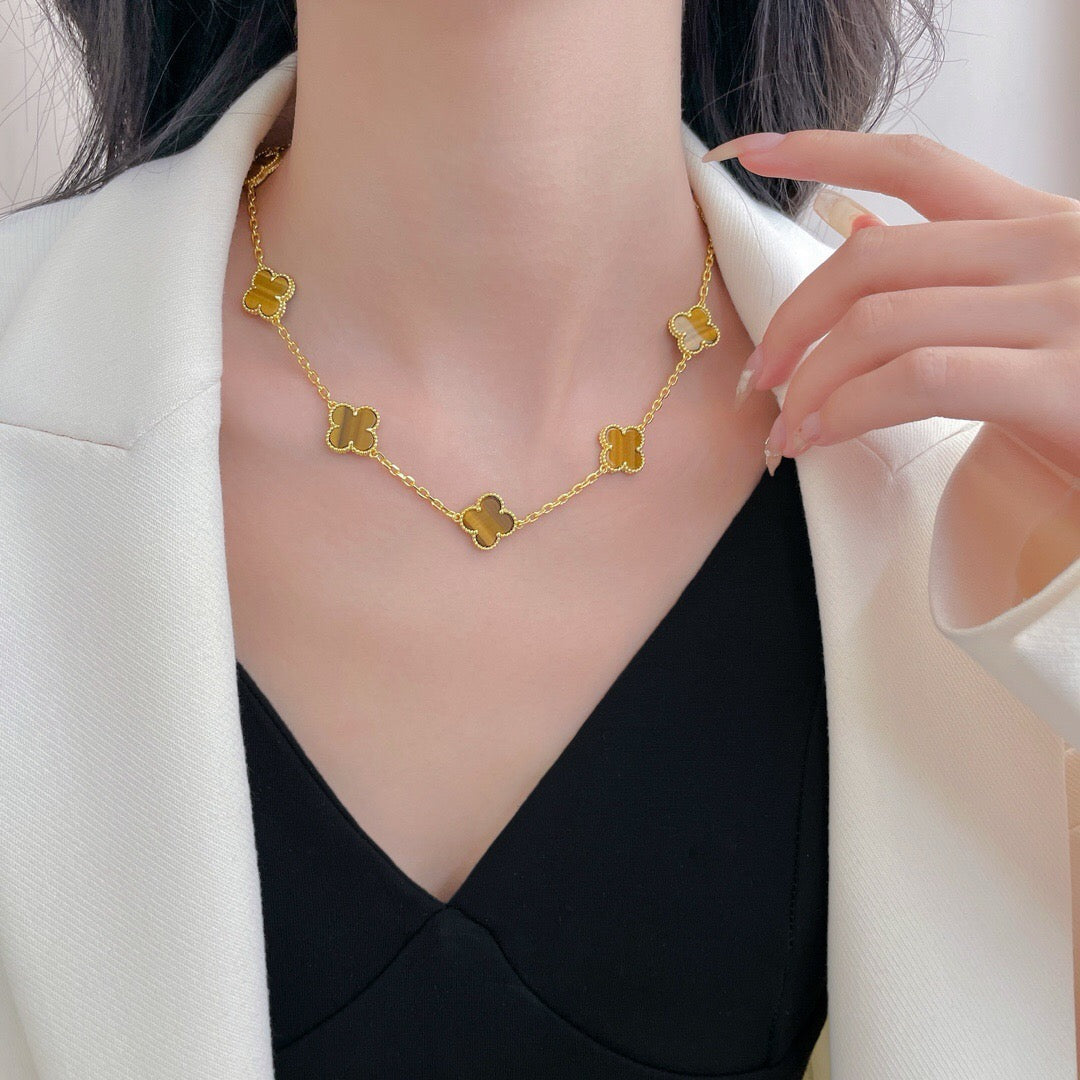[Lumi Jewels]CLOVER 10 MOTIFS TIGER EYE NECKLACE