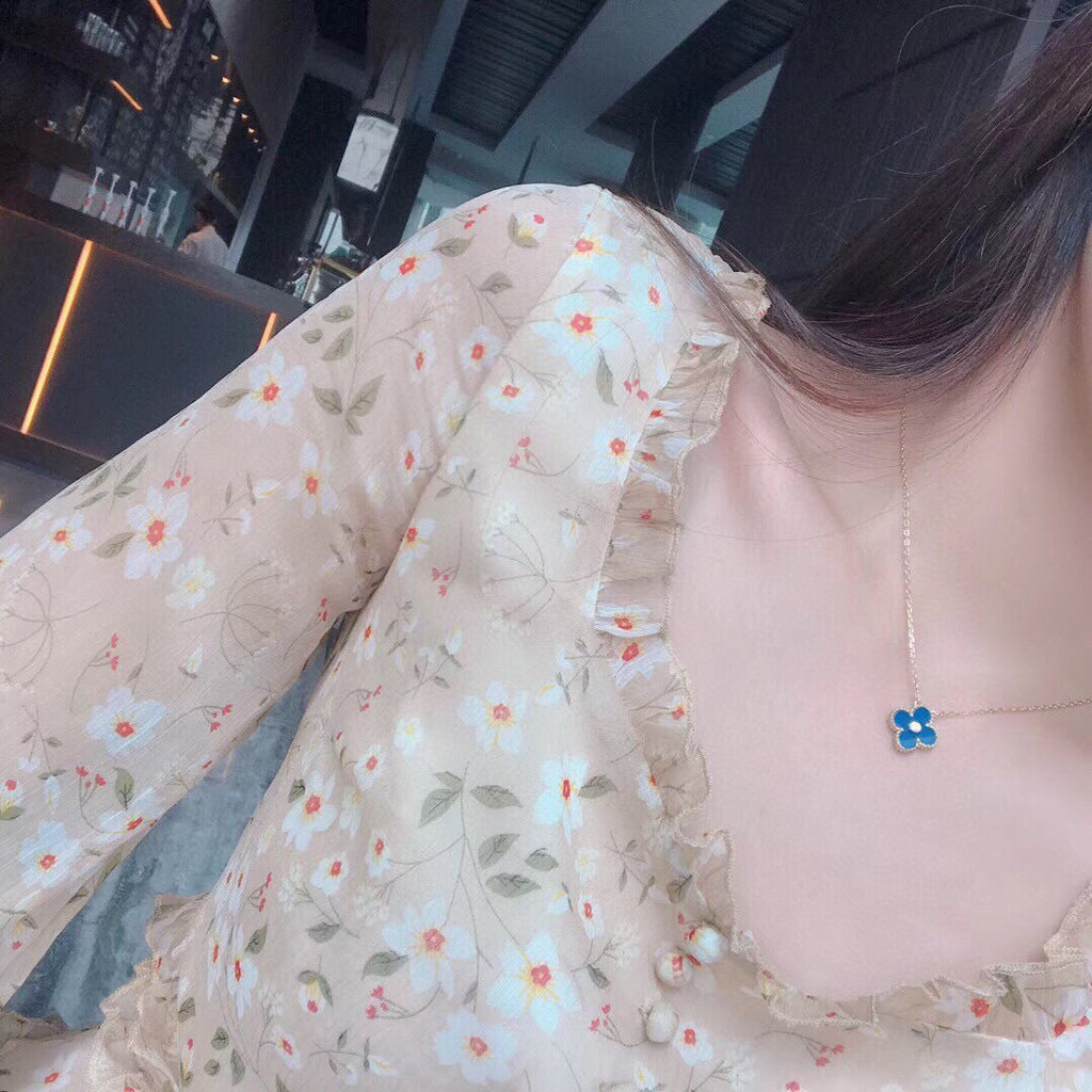 [Lumi Jewels]CLOVER 15MM DIAMOND AND BLUE AGATE NECKLACE