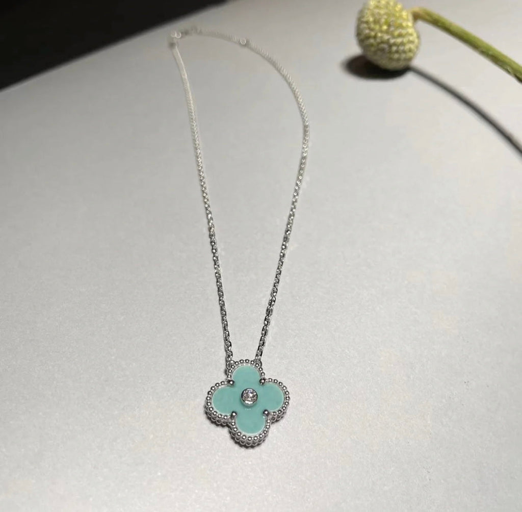 [Lumi Jewels]CLOVER 1 DIAMOND LIGHT BLUE SILVER NECKLACE