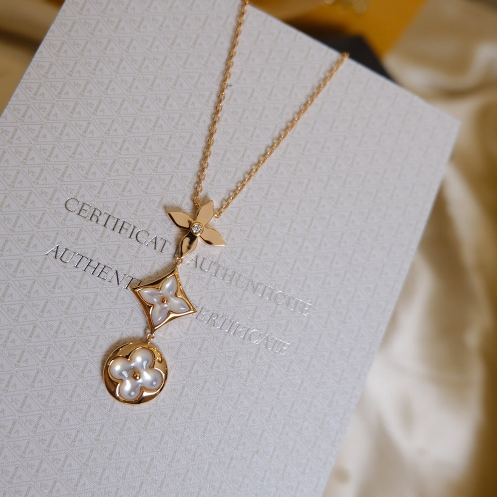 [Lumi Jewels]COLOR BLOSSOM LARIAT NECKLACE PINK GOLD WHITE MOTHER PEARL AND DIAMOND