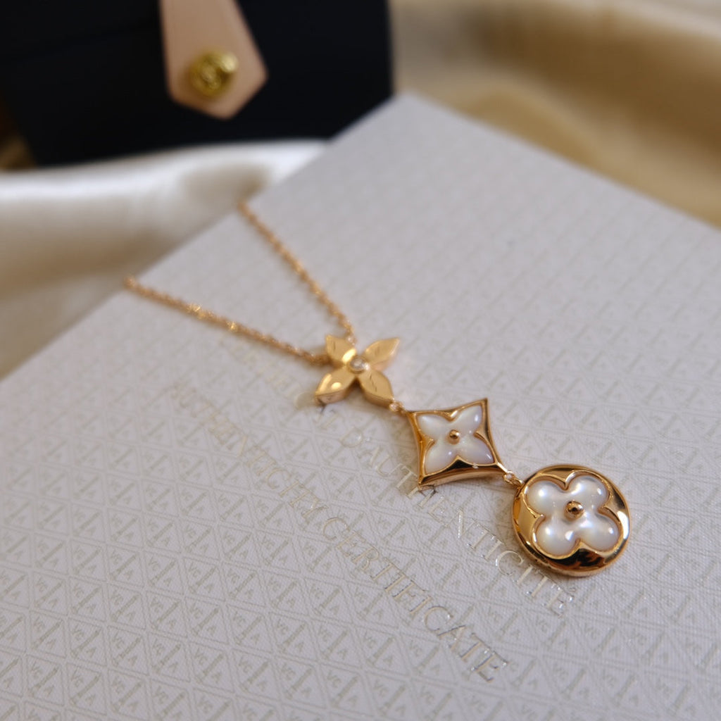 [Lumi Jewels]COLOR BLOSSOM LARIAT NECKLACE PINK GOLD WHITE MOTHER PEARL AND DIAMOND